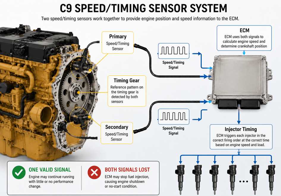 Caterpillar C9 primary and secondary engine speed timing sensor system diagram