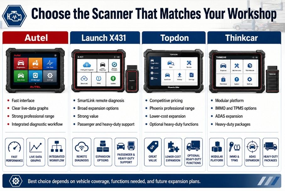 Quick selection guide for choosing Autel Launch Topdon or Thinkcar diagnostic tools