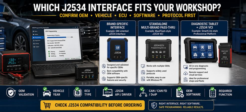 Choosing a J2534 pass thru programming interface based on OEM software vehicle ECU and communication protocol