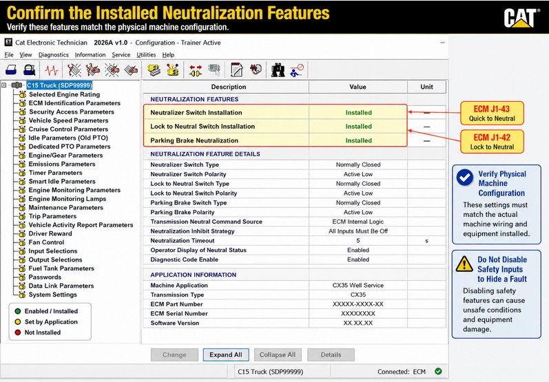 Cat ET configuration settings for the CX35 Quick-to-Neutral and Lock-to-Neutral switches