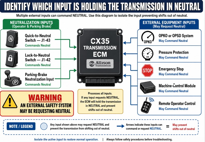 Diagram of CX35 Quick-to-Neutral Lock-to-Neutral parking brake and external safety inputs