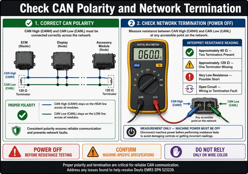 Checking Deutz CAN bus polarity and termination resistance during SPN 523239 diagnosis