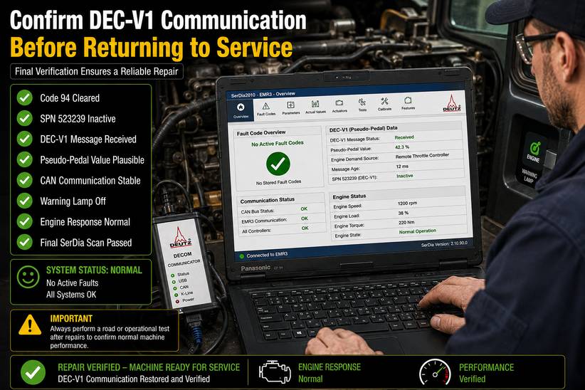 Final SerDia verification after repairing Deutz EMR3 fault code 94 SPN 523239
