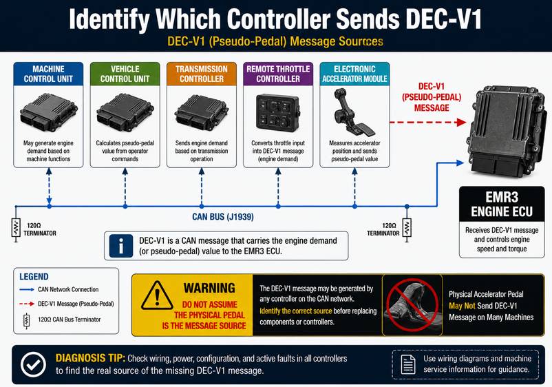 Diagram showing possible controllers transmitting the DEC-V1 pseudo-pedal message to a Deutz EMR3 ECU