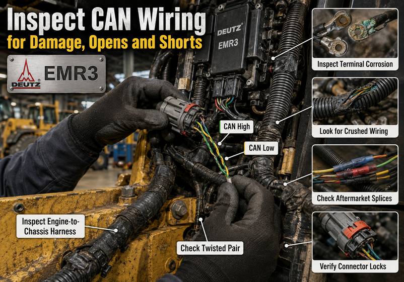Inspecting Deutz EMR3 CAN High and CAN Low wiring for damage and poor connections