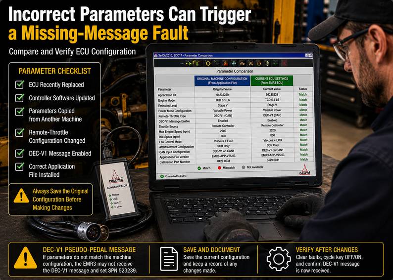 Checking Deutz EMR3 parameter configuration after ECU replacement or software update