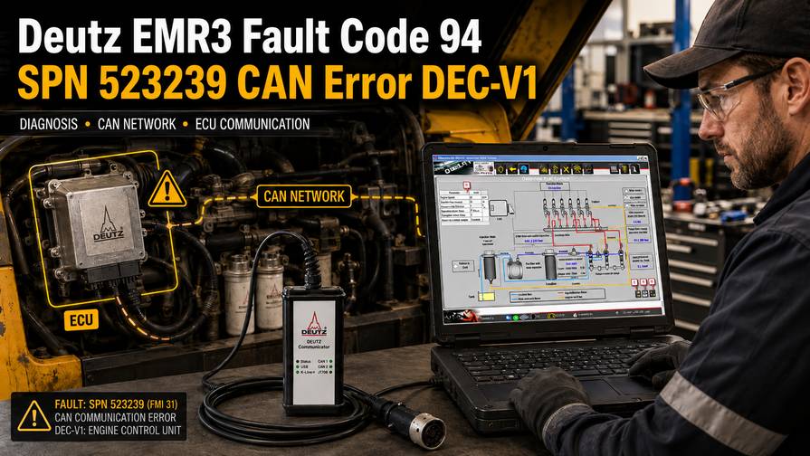 Technician diagnosing Deutz EMR3 fault code 94 SPN 523239 with SerDia and DECOM
