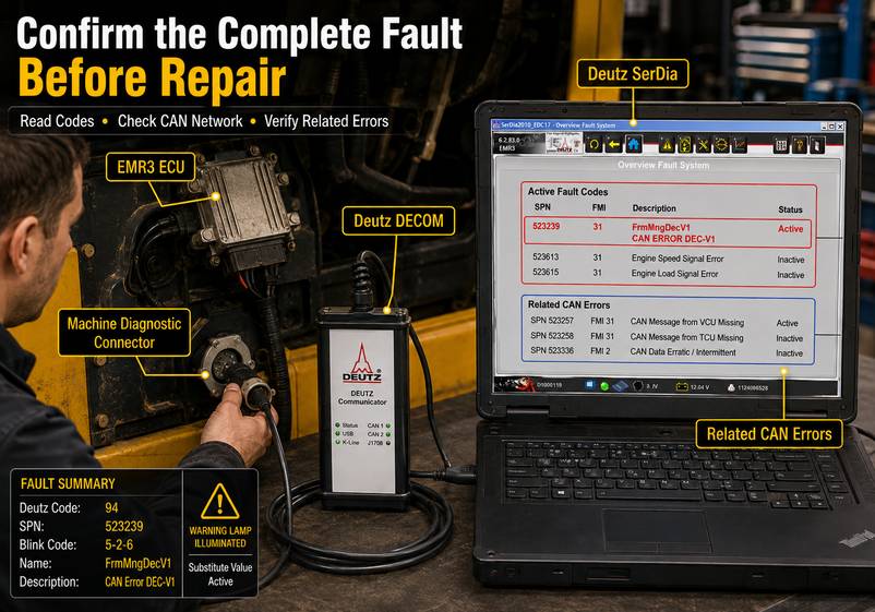 Reading Deutz EMR3 fault code 94 with SerDia and the Deutz DECOM interface