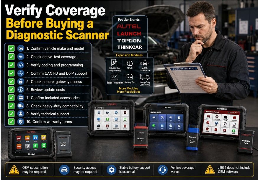 Professional checklist for choosing Autel Launch Topdon or Thinkcar diagnostic scanners