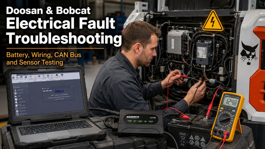 Technician troubleshooting Doosan Bobcat electrical faults using diagnostic software and electrical test equipment