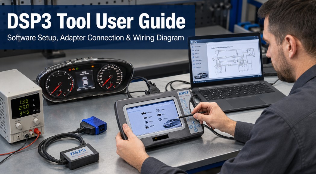 Technician using DSP3 tool software and adapter for instrument cluster service