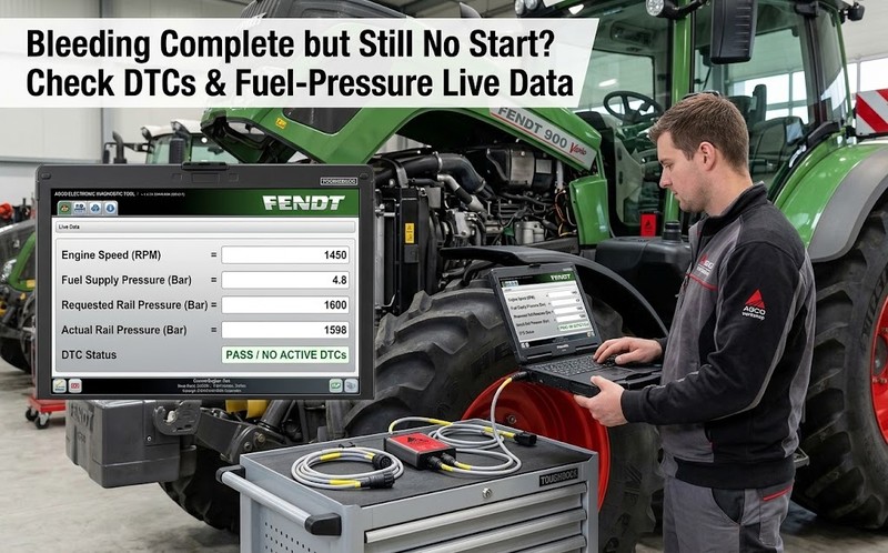 Fendt 900 Vario connected to AGCO diagnostic equipment for checking fault codes and fuel-pressure live data