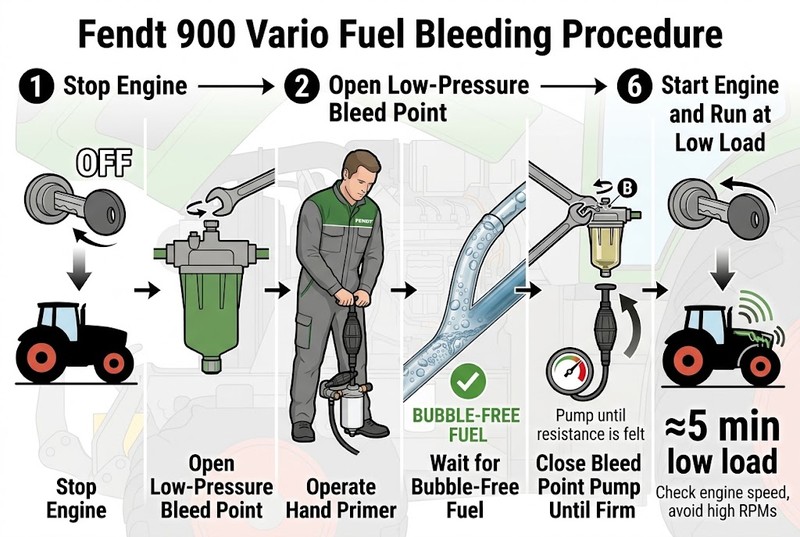 Step-by-step infographic showing how to bleed air from the Fendt 900 Vario low-pressure fuel system