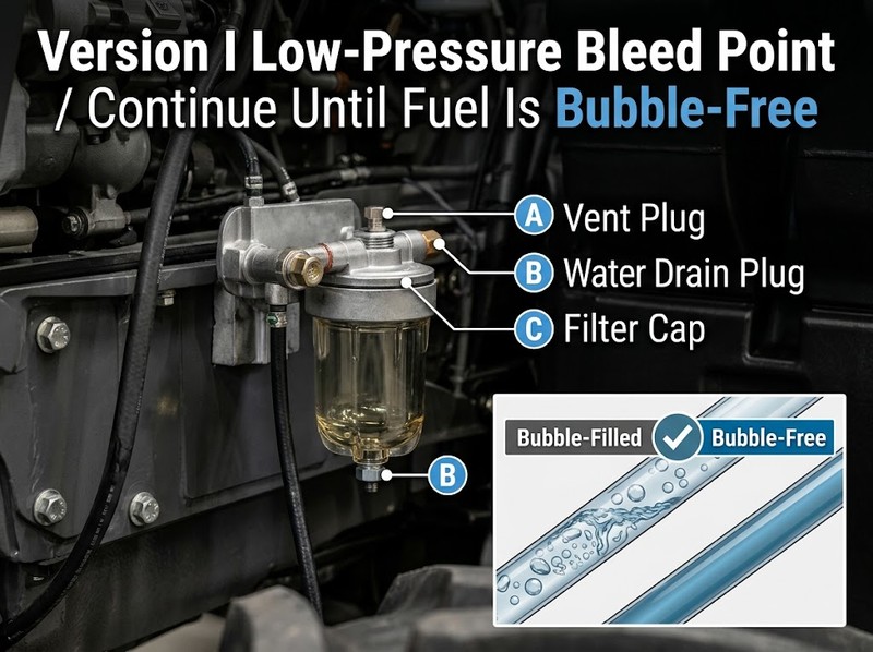 Fendt 900 Vario Version I fuel pre-filter showing vent plug, water drain plug and filter cap used during bleeding