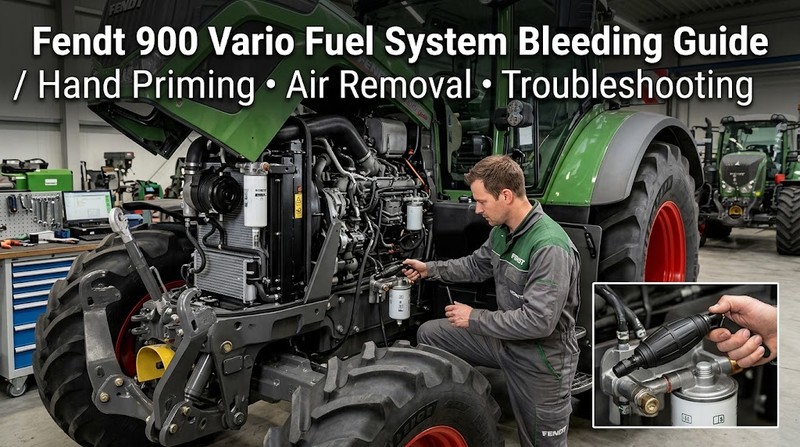 Technician bleeding the low-pressure fuel system on a Fendt 900 Vario tractor using the manual hand primer.