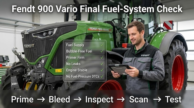 Final checklist after bleeding the Fendt 900 Vario fuel system, including leak inspection and diagnostic checks