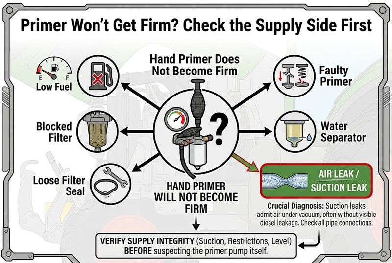 Troubleshooting chart for a Fendt 900 Vario hand primer that will not build resistance after fuel-system bleeding