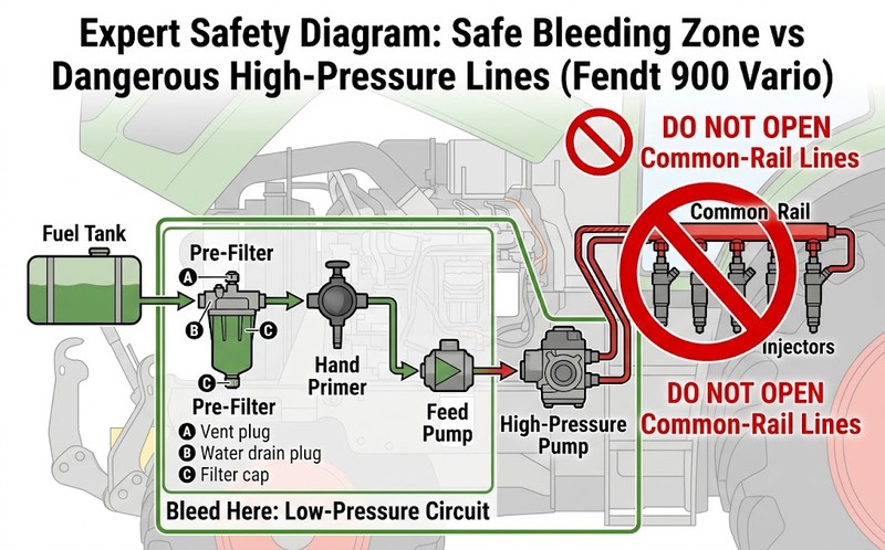 Fendt 900 Vario fuel system diagram showing where to bleed the low-pressure circuit without opening common-rail injector lines