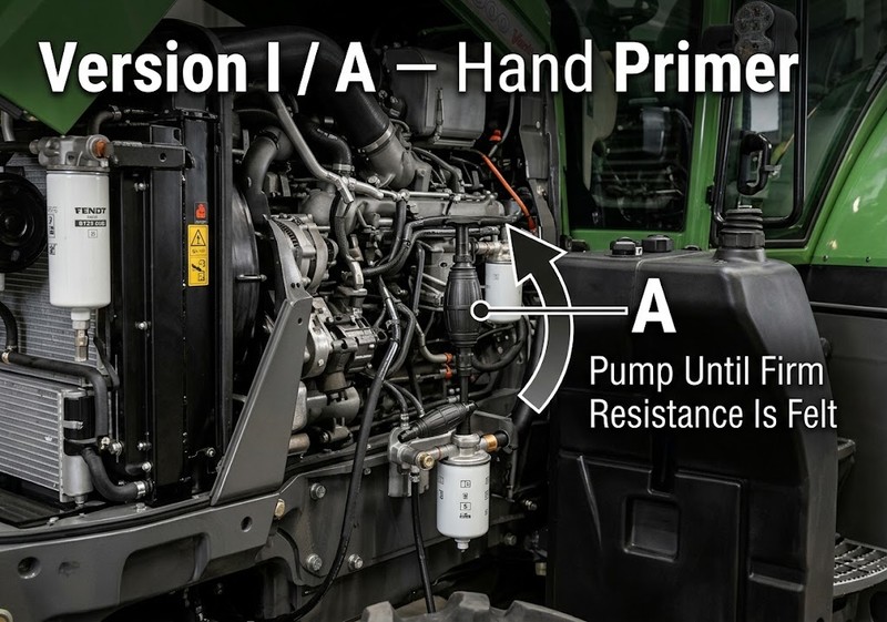 Location of the manual fuel hand primer used to bleed a Version I Fendt 900 Vario fuel system