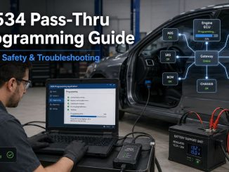 Technician performing J2534 pass thru ECU programming with OEM software and regulated battery support