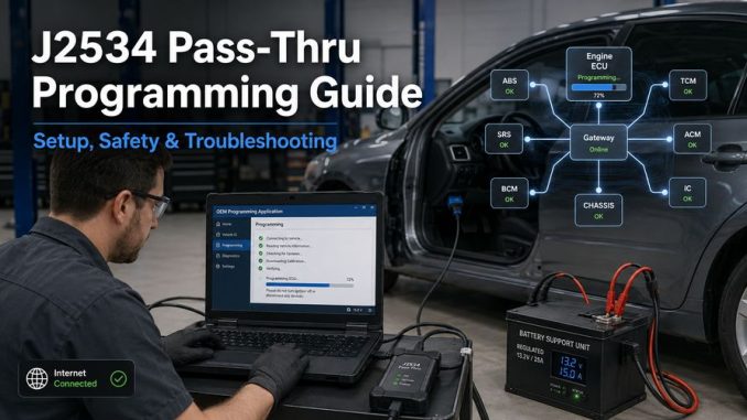 Technician performing J2534 pass thru ECU programming with OEM software and regulated battery support
