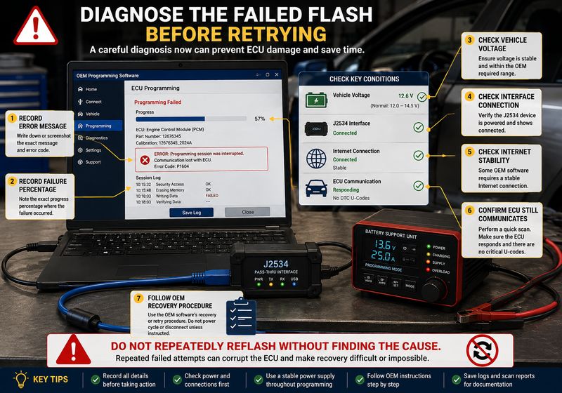 Troubleshooting an interrupted J2534 ECU programming session before attempting recovery