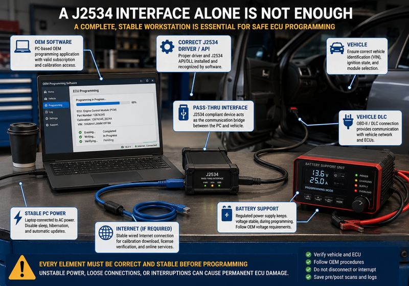 Complete J2534 programming workstation with OEM software pass thru interface and battery support