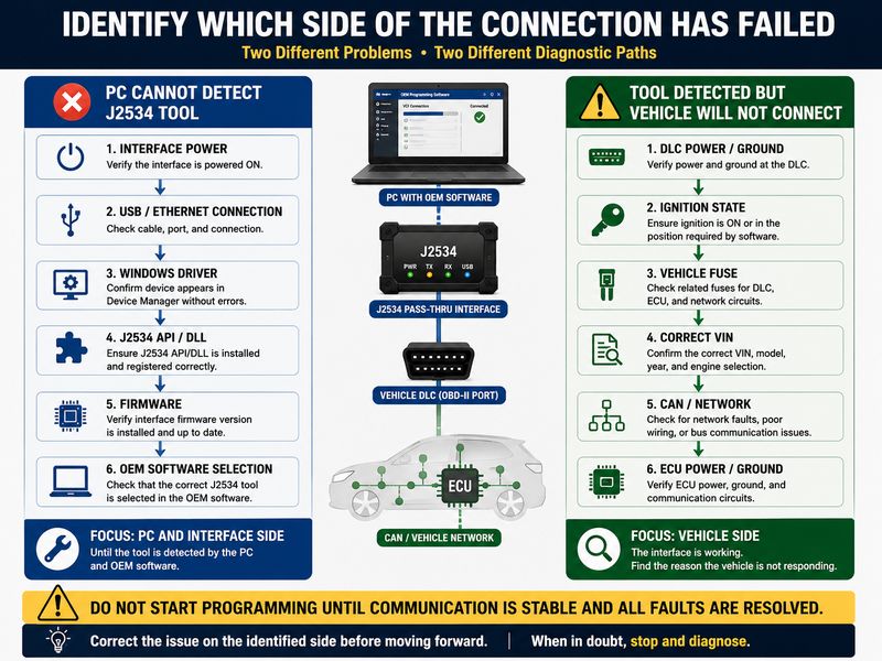 Difference between J2534 interface detection failure and vehicle communication failure
