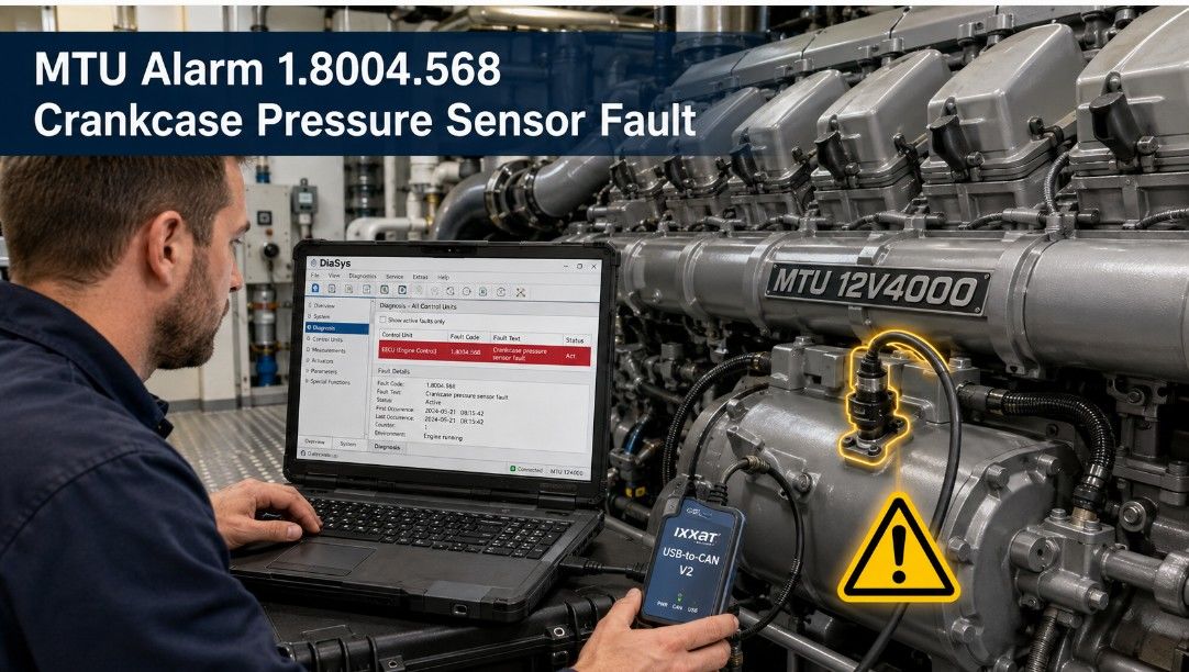 Technician diagnosing MTU alarm 1.8004.568 crankcase pressure sensor fault with DiaSys