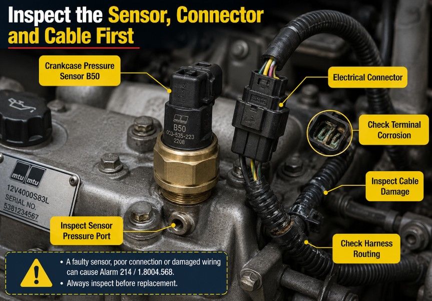 Inspecting the MTU B50 crankcase pressure sensor connector and wiring harness