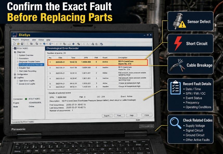 MTU DiaSys showing error 1.8004.568 SD P-CrankCase in the error recorder