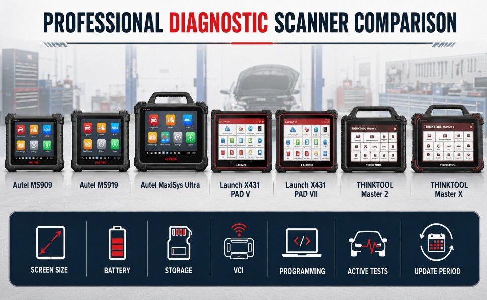 Professional comparison of Autel MaxiSys Launch X431 PAD and Thinkcar THINKTOOL scanners
