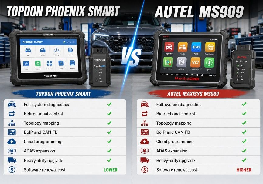 Topdon Phoenix Smart compared with Autel MaxiSys MS909 diagnostic scanner