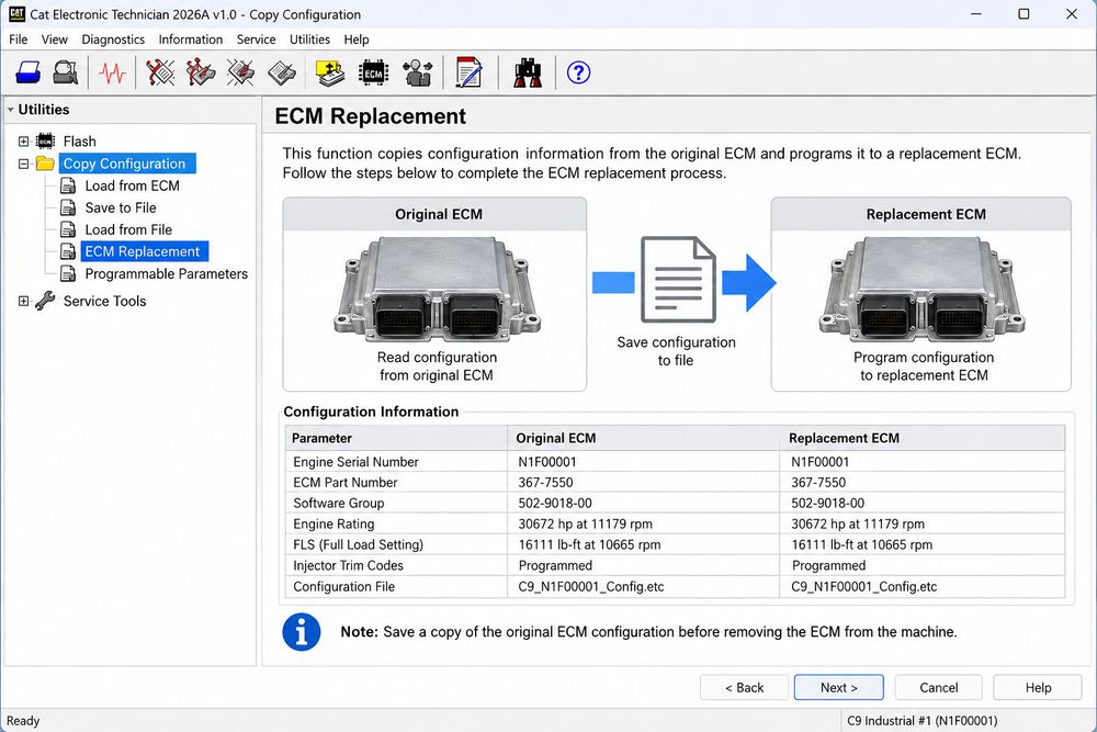 CAT ET Copy Configuration ECM Replacement backup before Caterpillar ECM programming