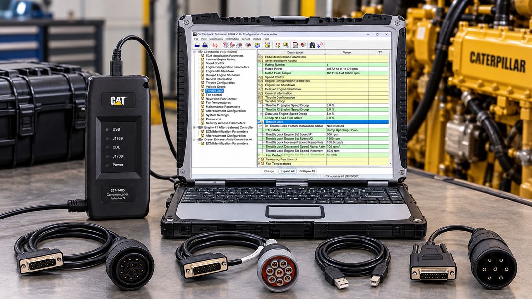 CAT ET ECM programming setup with laptop communication adapter and Caterpillar ECM