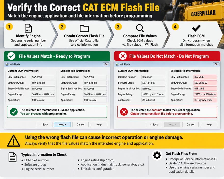 Caterpillar ECM flash file verification using engine serial number and WinFlash file values