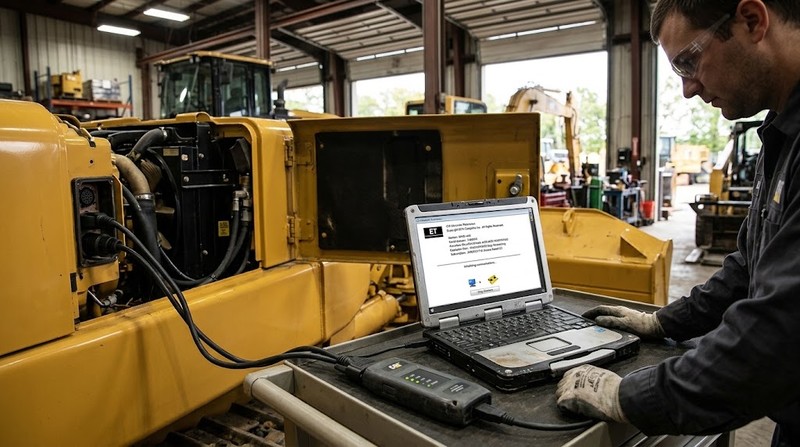 NEXIQ USB-Link 3 wired diagnostic interface connected to a heavy-duty truck and laptop