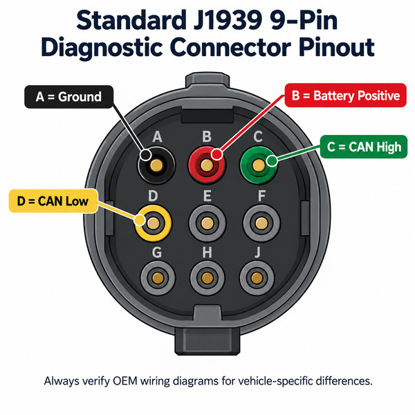 J1939 9-pin diagnostic connector showing ground battery CAN High and CAN Low