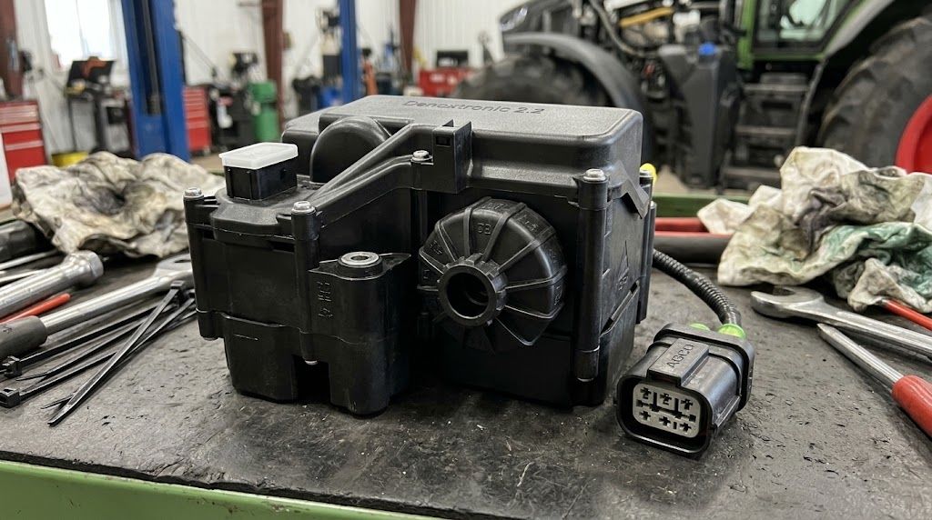 Bosch Denoxtronic 2.2 DNOX2 Supply Module on a workbench with AGCO wiring harness connector