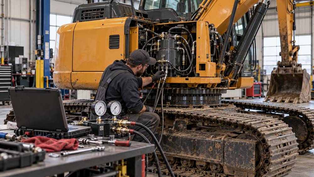 Technician diagnosing excessive swing overrun on a Case excavator using hydraulic inspection and diagnostic equipment