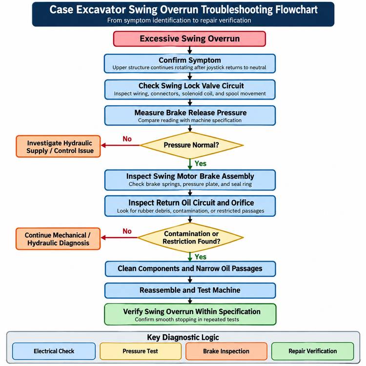 Case excavator swing overrun troubleshooting flowchart from symptom identification to repair verification