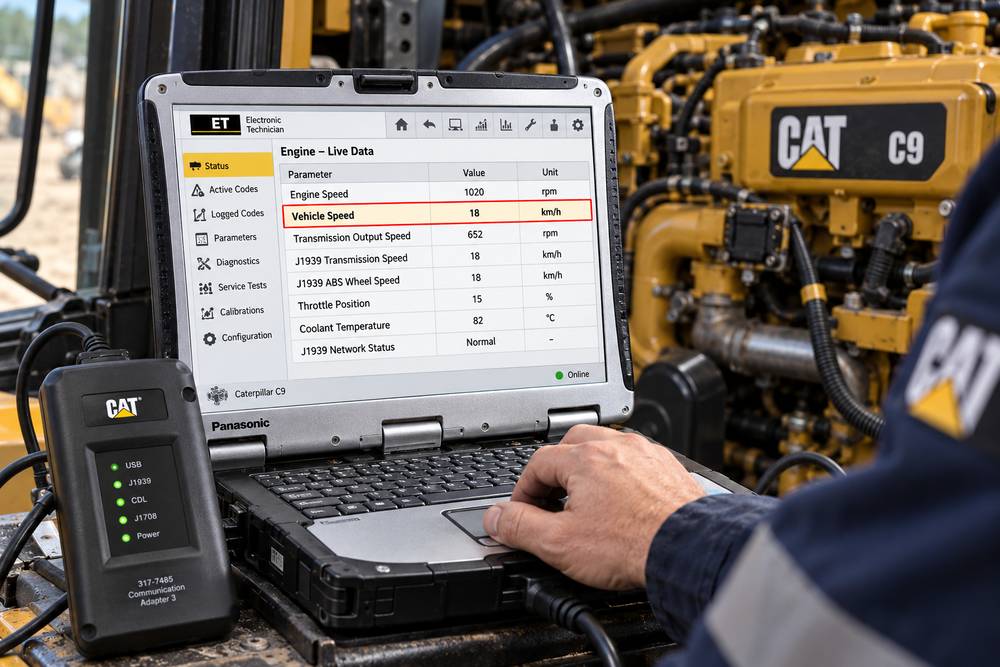 CAT ET vehicle speed live data diagnosis on Caterpillar C9 engine