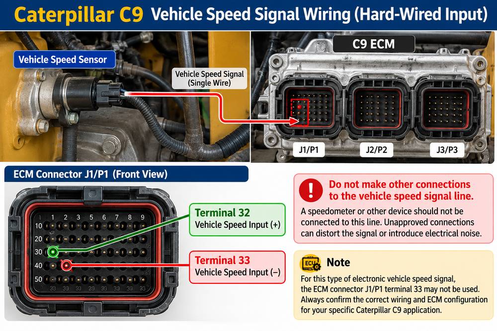 Caterpillar C9 ECM vehicle speed input wiring J1 P1 terminal 32