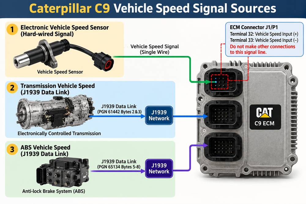 Caterpillar C9 vehicle speed signal sources from sensor transmission and ABS
