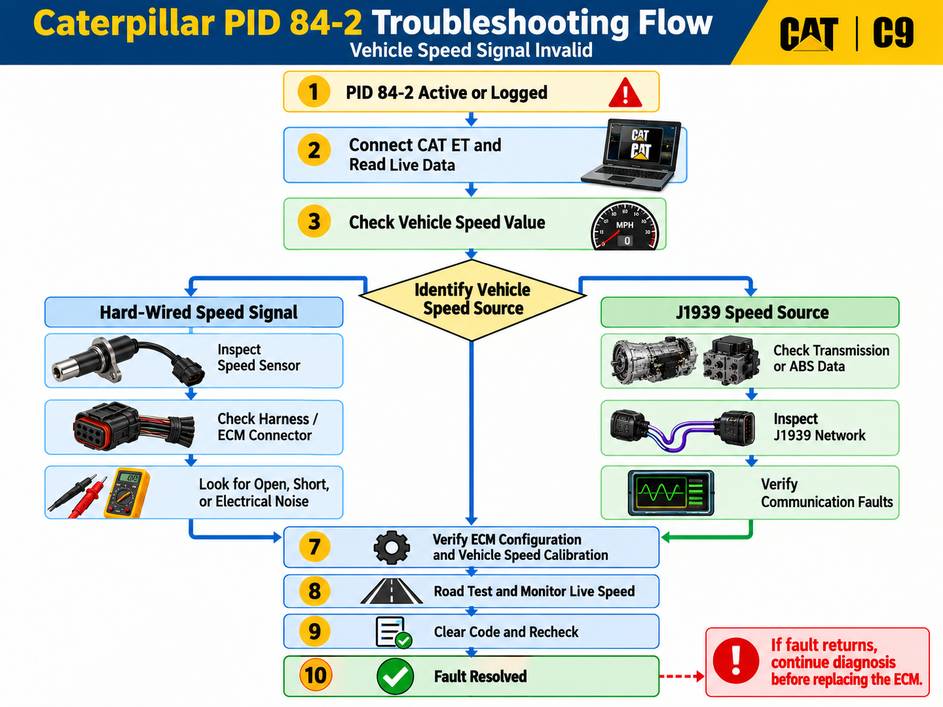 Caterpillar PID 84-2 vehicle speed signal troubleshooting flowchart