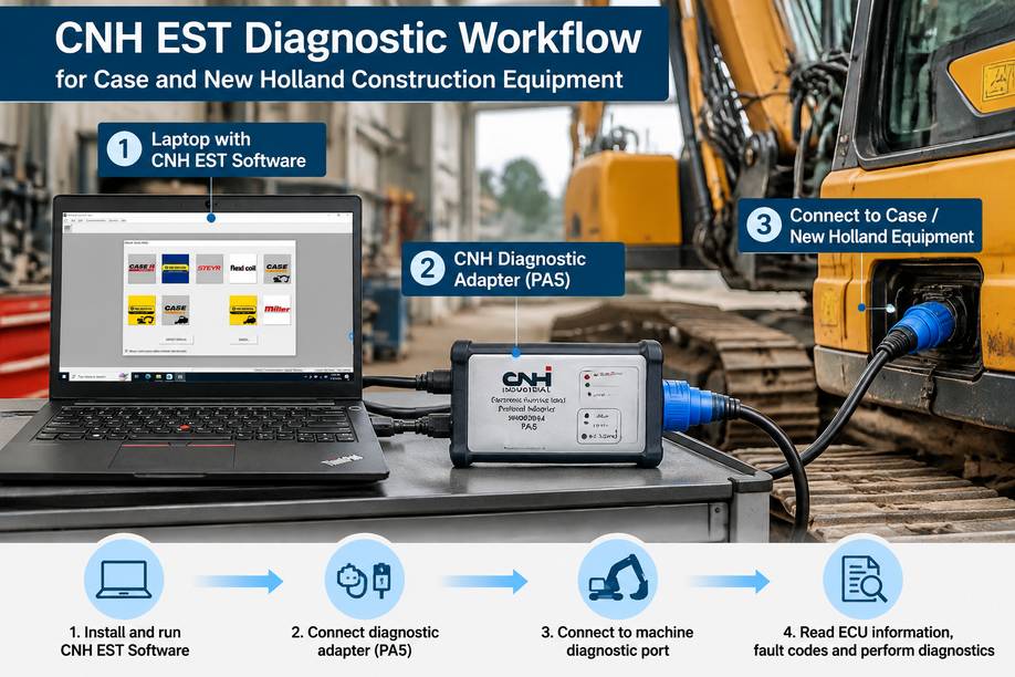 CNH EST diagnostic workflow connecting laptop software with Case and New Holland construction equipment