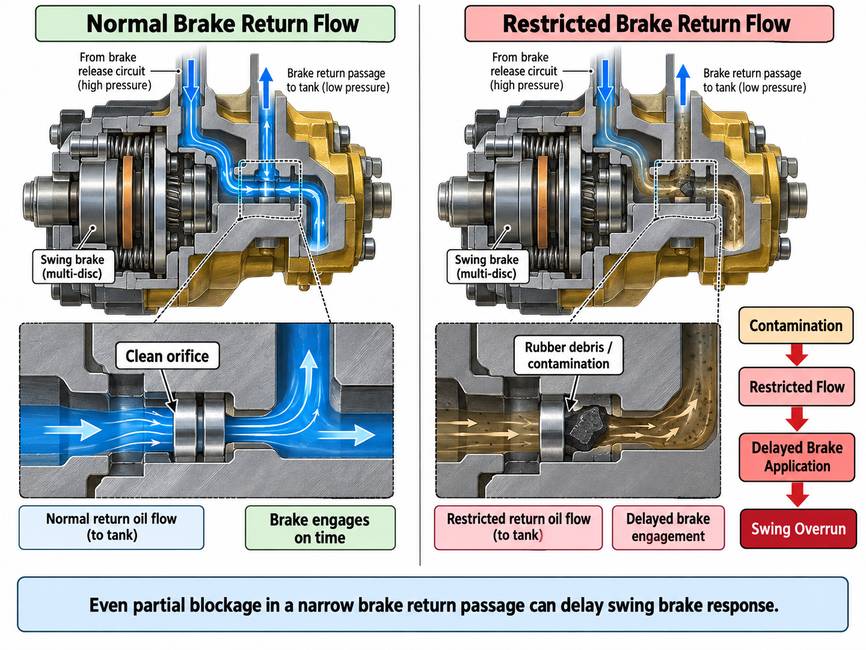 Hydraulic contamination restricting excavator swing brake return orifice and causing delayed braking