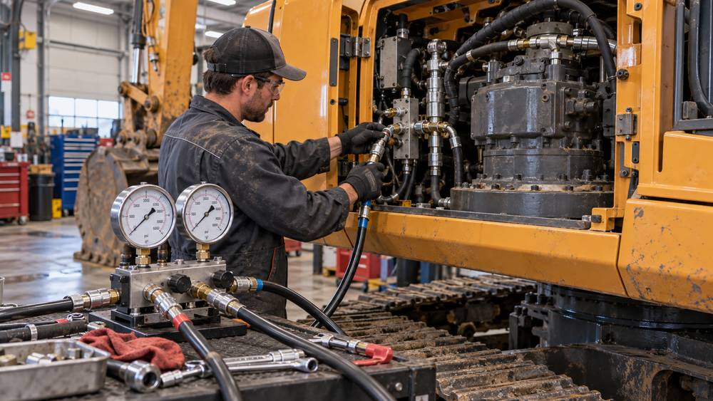 Technician performing hydraulic pressure testing on an excavator swing brake system