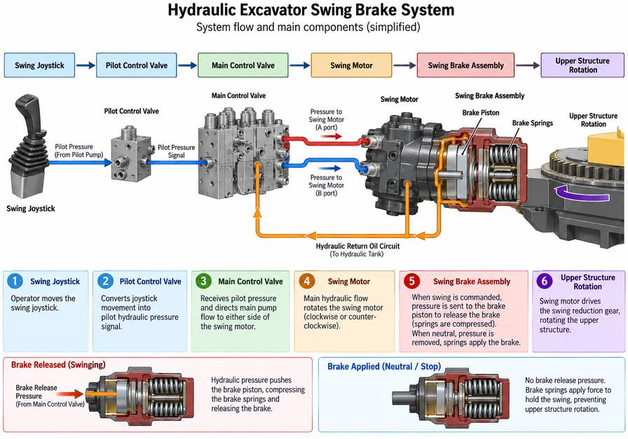 Hydraulic excavator swing brake system diagram showing swing motor, control valve, and brake components