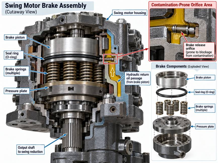 Excavator swing motor brake assembly inspection showing springs, pressure plate, seal ring, and hydraulic passages